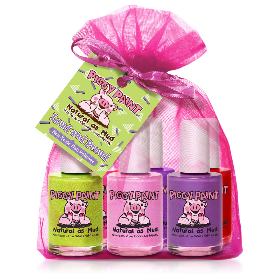 Piggy Paint six-bottle set with vibrant kid-friendly colors for nails