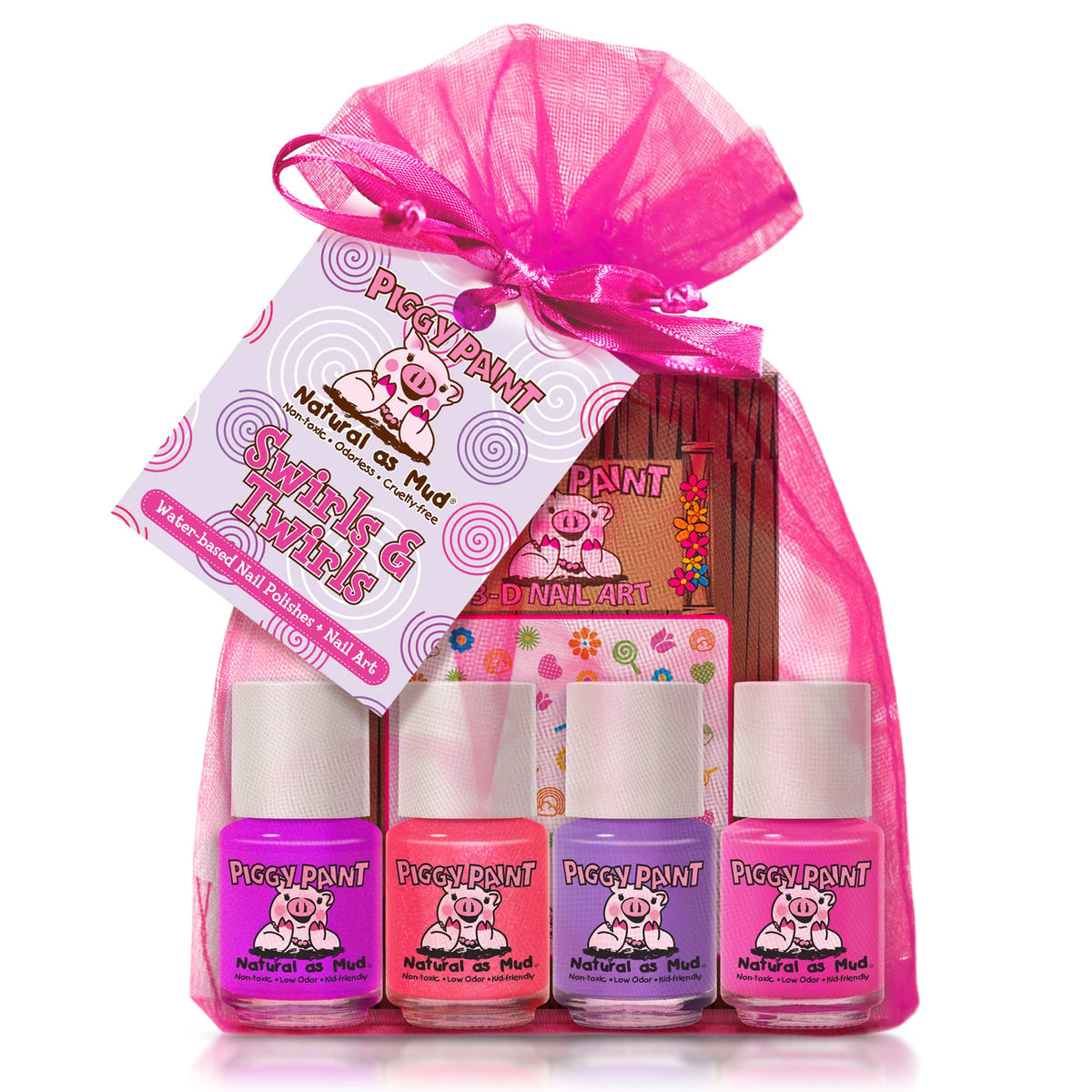 Piggy Paint Swirls & Twirls gift set packaging with four kid-safe polishes.