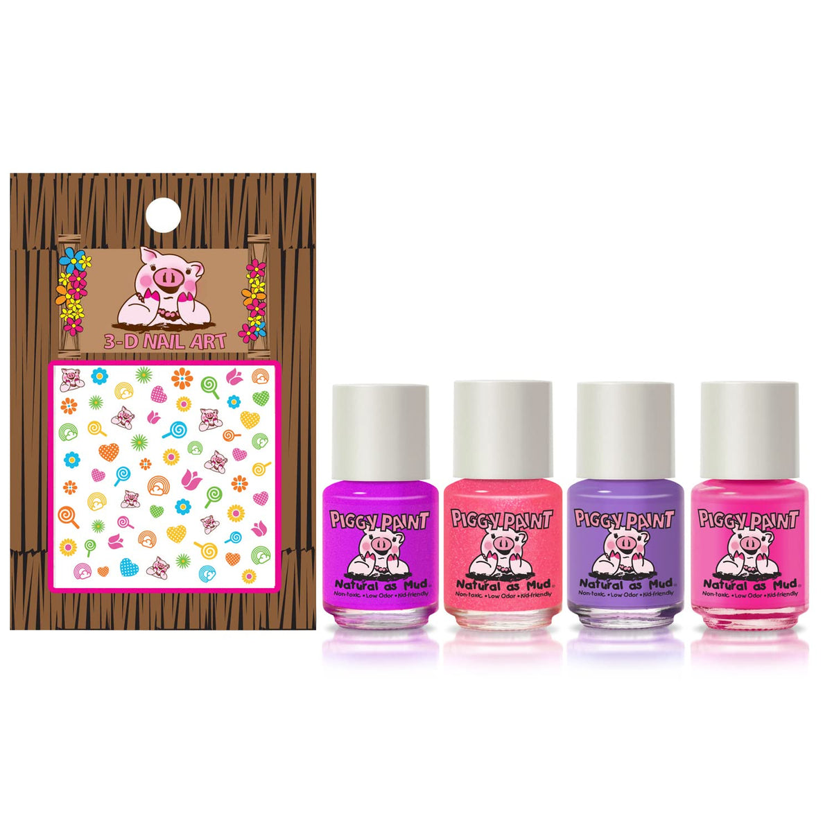 Piggy Paint Swirls & Twirls polish bottles showcased for colorful, safe play.