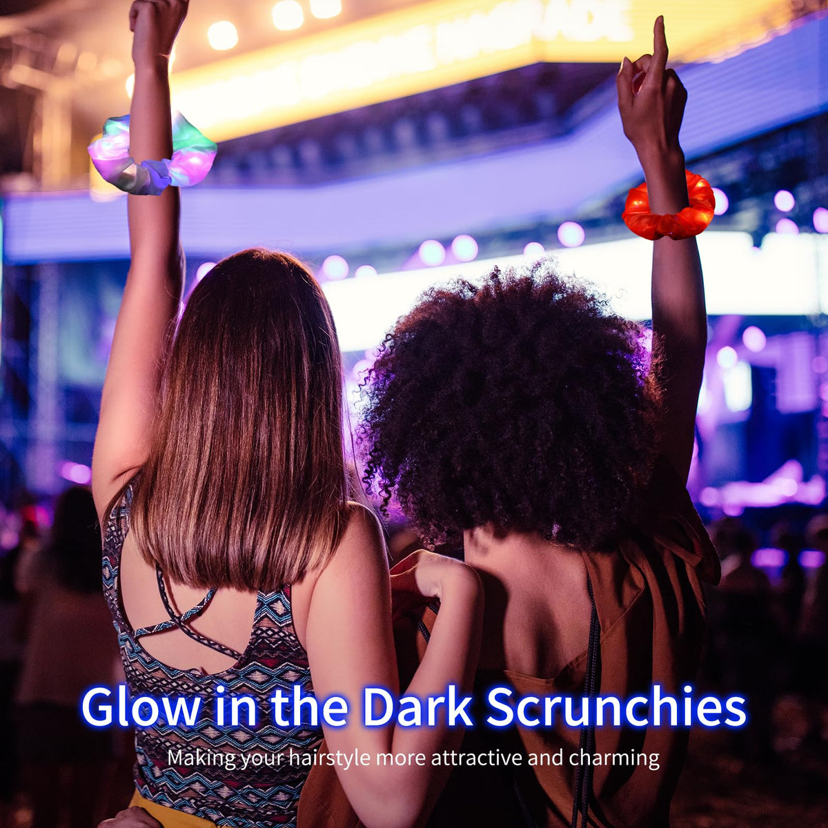 Piklodo LED hair scrunchie displaying fast flash mode for high-energy nights.