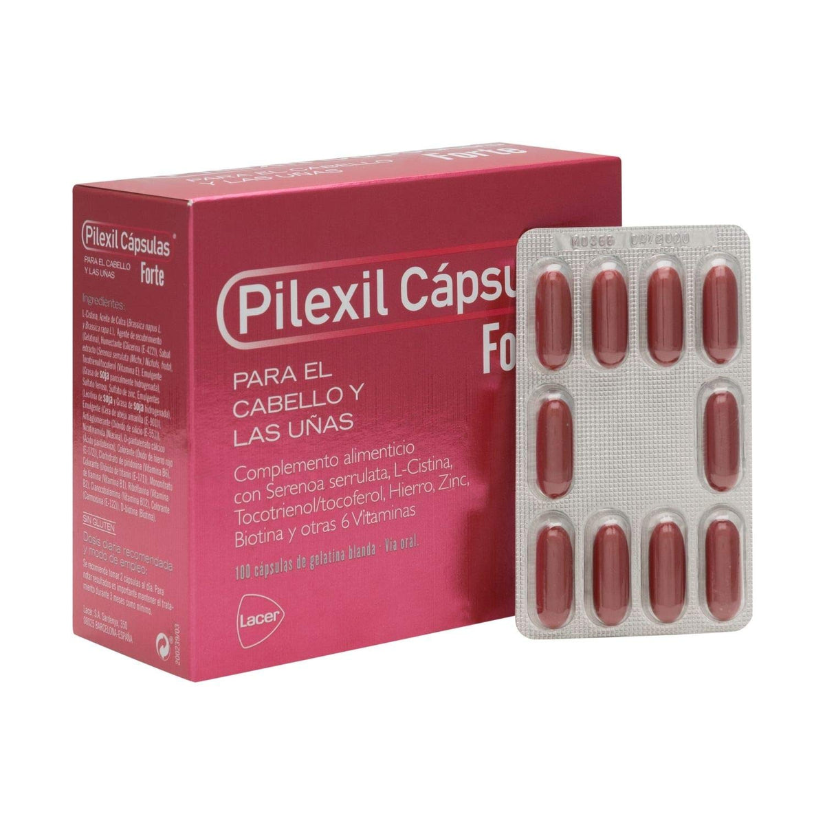 Pilexil Forte capsules close-up for hair and nail support.