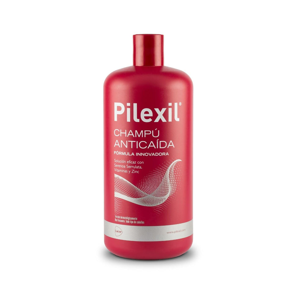 PILEXIL LACER Champ anti-hair-loss shampoo 900ml bottle close-up highlights nourishing formula.