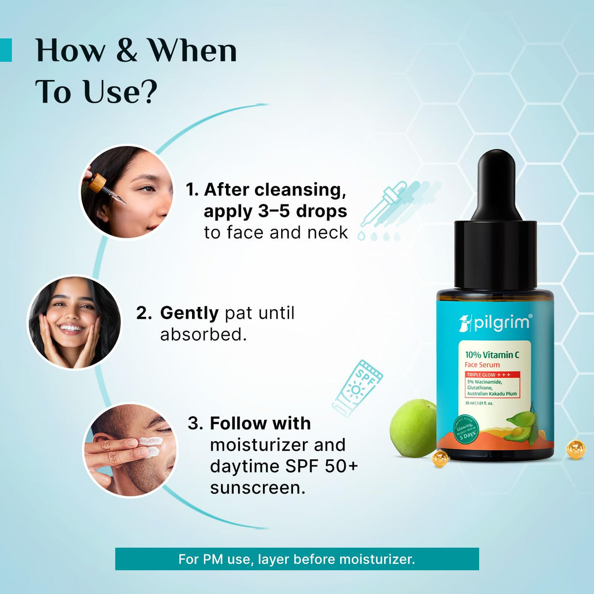 Pilgrim skincare routine: apply serum morning and night for radiance