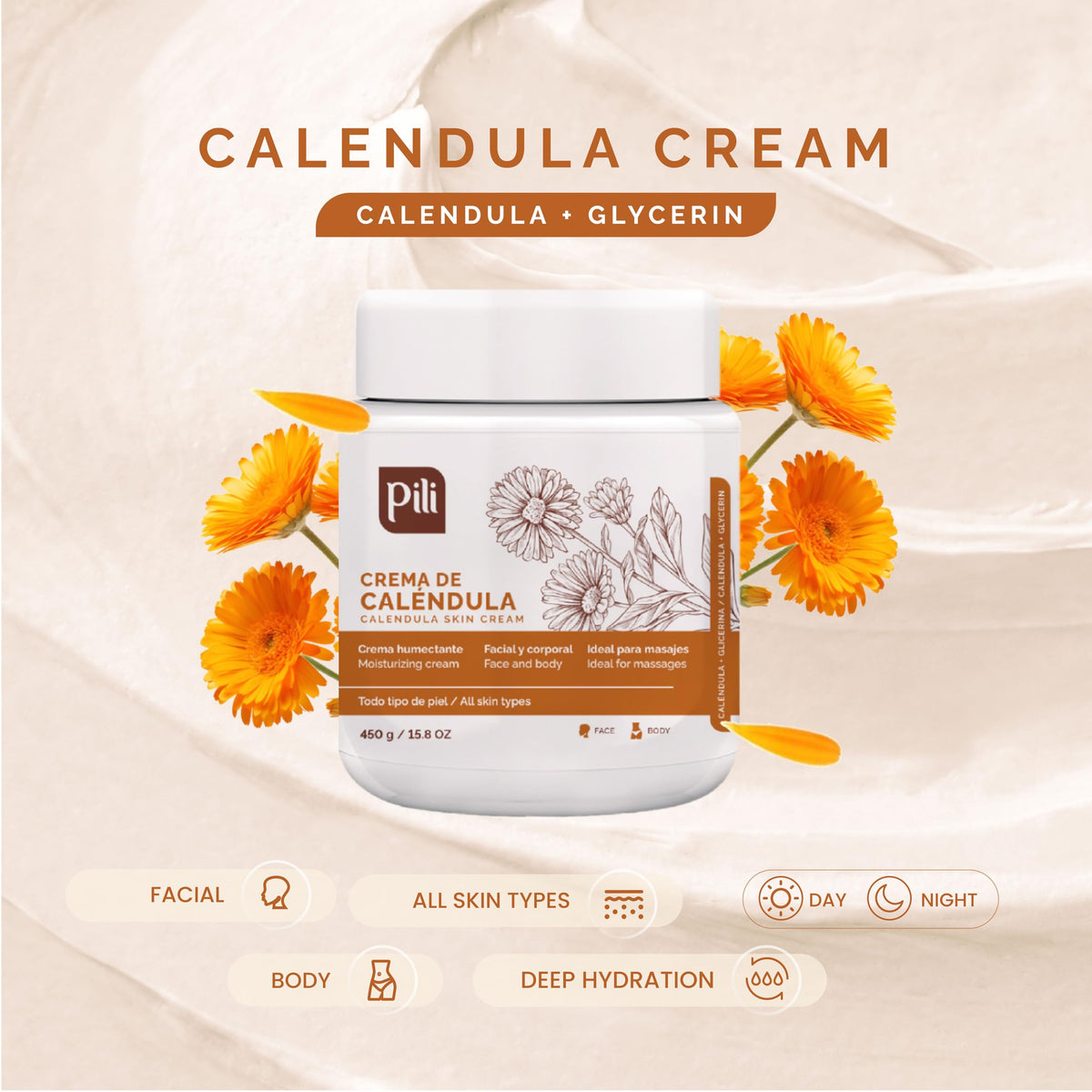 Pili Natural Calendula Repair Cream calendula extract close-up highlights soothing ingredient.