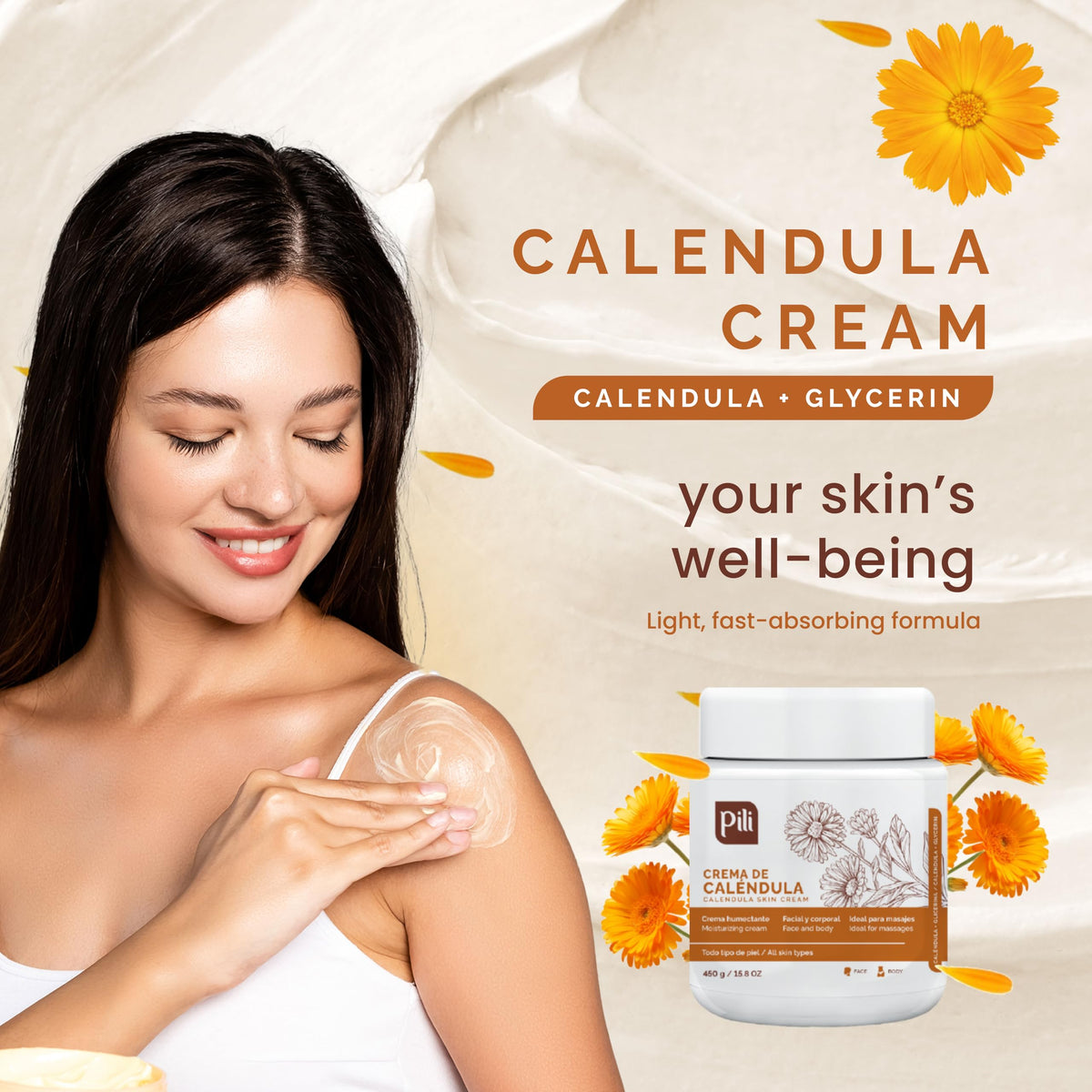 Pili Natural Calendula Repair Cream applied to hand for dry skin relief.