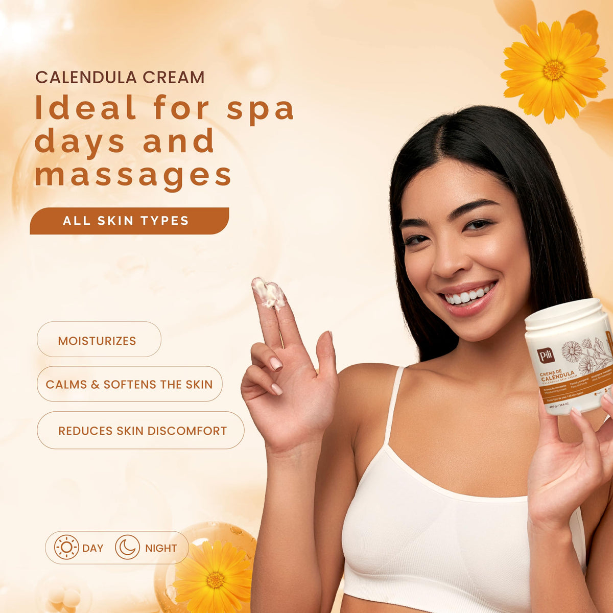 Pili Natural Calendula Repair Cream jar close-up shows creamy texture.