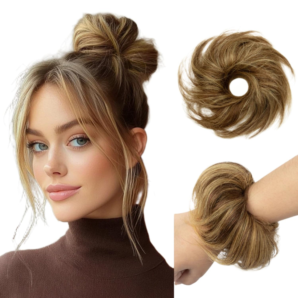 PineHalo messy bun hair piece blends with natural hair for a polished look.