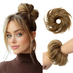 PineHalo messy bun hair piece blends with natural hair for a polished look.