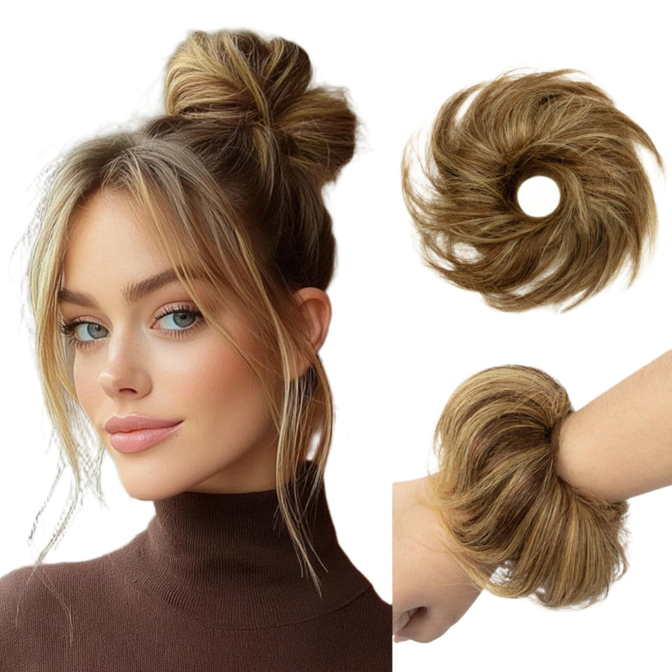 PineHalo messy bun hair piece blends with natural hair for a polished look.