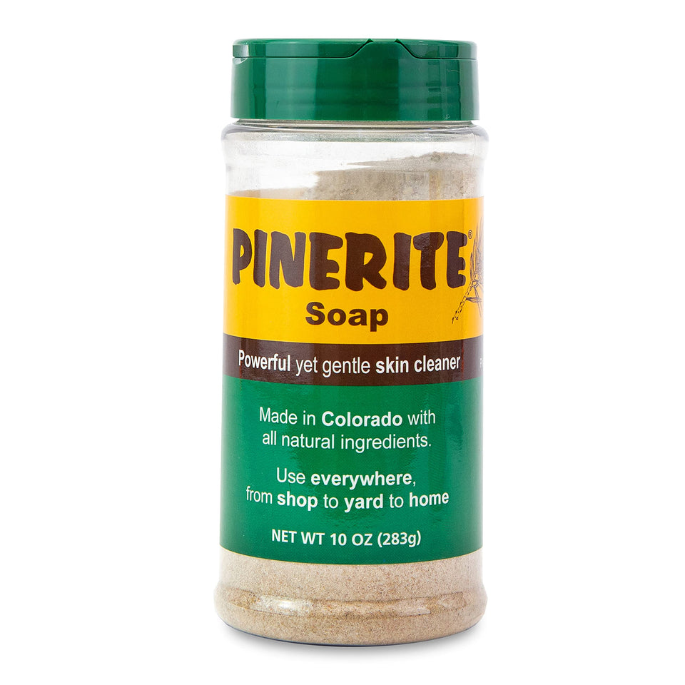 Pinerite Powdered Hand Soap bottle front demonstrates eco-friendly heavy-duty cleaning.