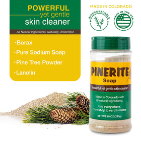 Pinerite Powdered Hand Soap ingredients closeup highlights pine terpenes and natural cleansing.