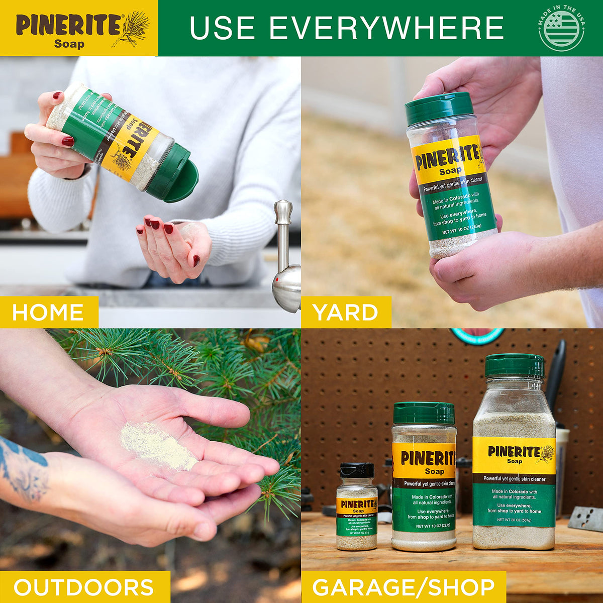 Pinerite Powdered Hand Soap hands lathering shows skin-friendly cleansing.