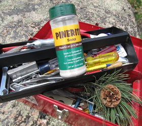 Pinerite Powdered Hand Soap storage in glovebox or toolbox.