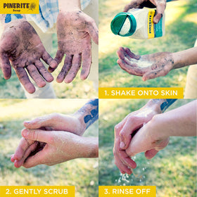 Pinerite Powdered Hand Soap water dilution demonstrates simple palm mix.