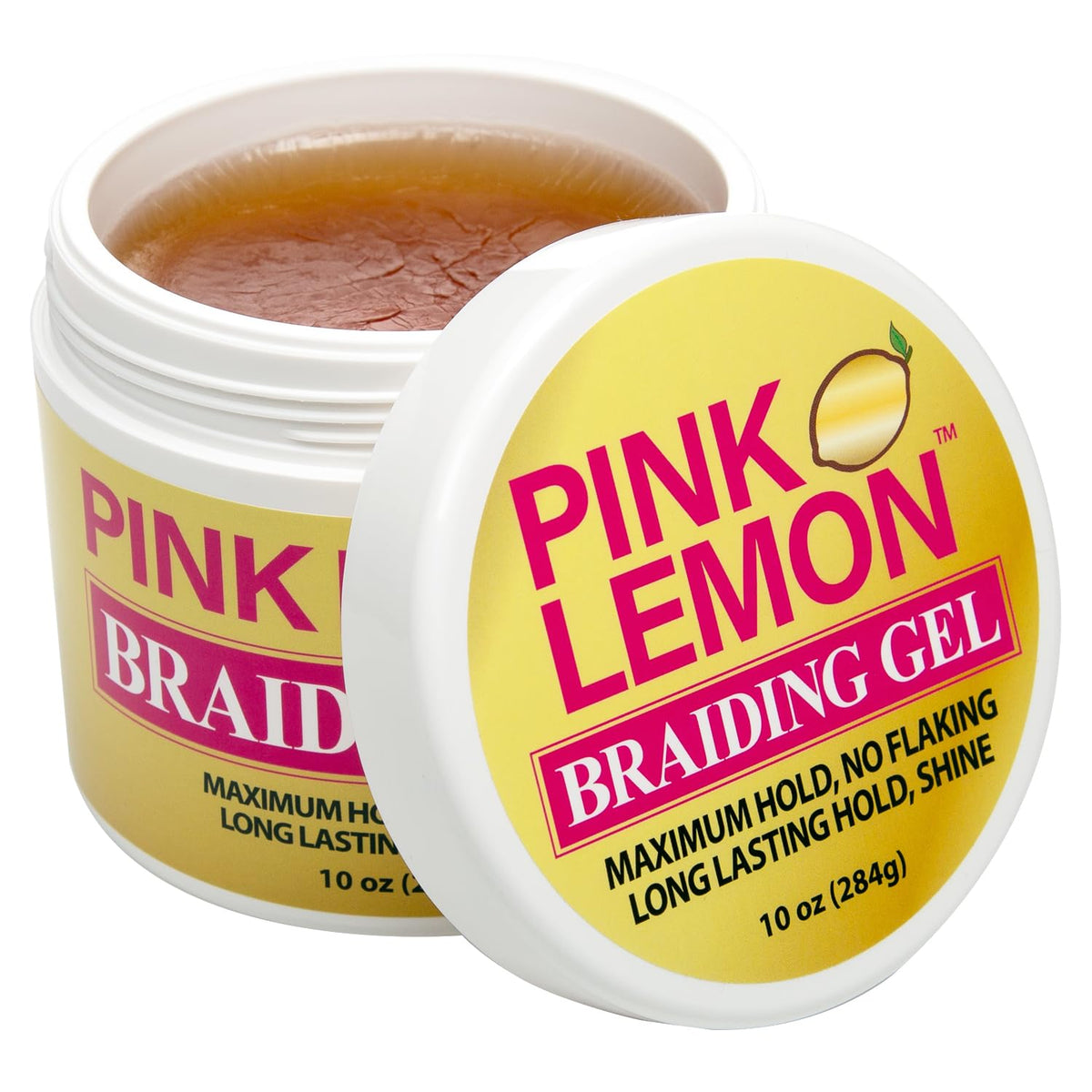 Pink Lemon Braiding Gel 10oz bottle ready for home styling.