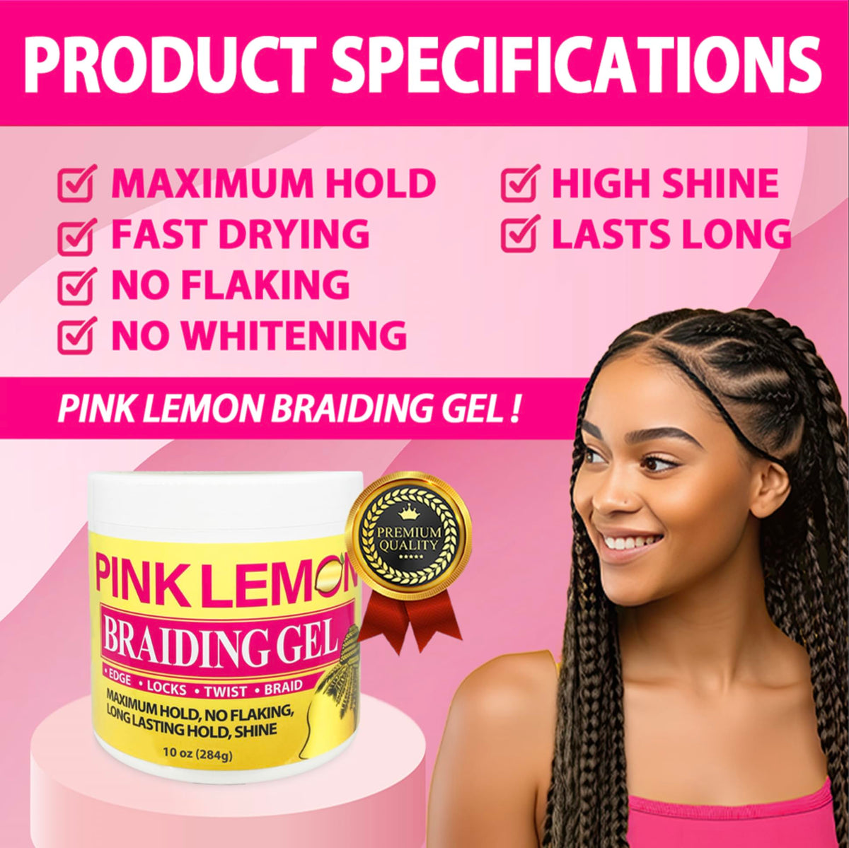 Pink Lemon Braiding Gel hair-gloss finish enhances shine after styling.