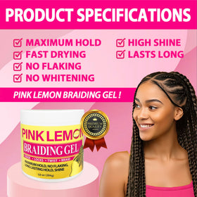 Pink Lemon Braiding Gel hair-gloss finish enhances shine after styling.