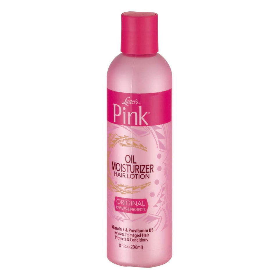 Pink Luster Oil Moisturizer Hair Lotion bottle delivers moisture and protection for dry hair.