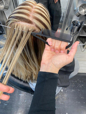 Pink Pewter Never Let Go comb heat-safe during color treatments in salon.