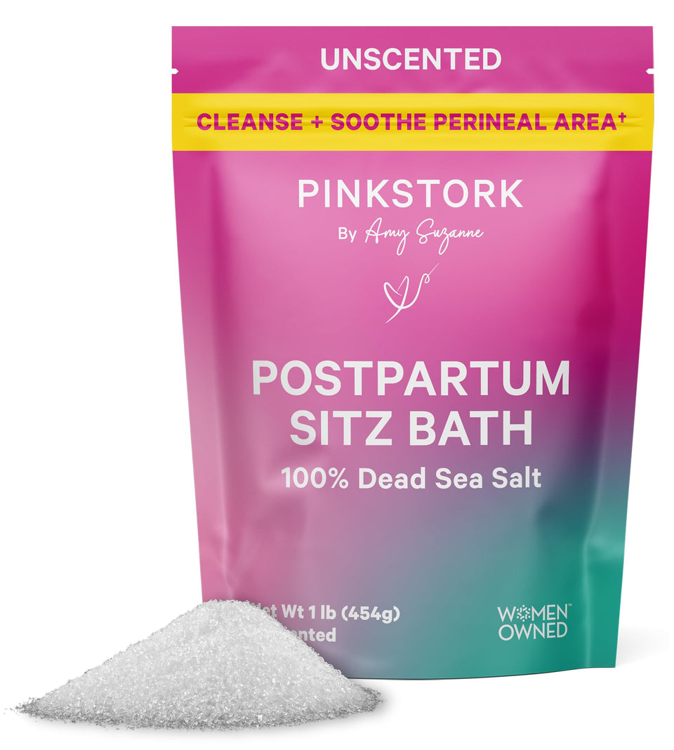 Pink Stork Postpartum Sitz Bath Soak bottle ready for perineal care after delivery.
