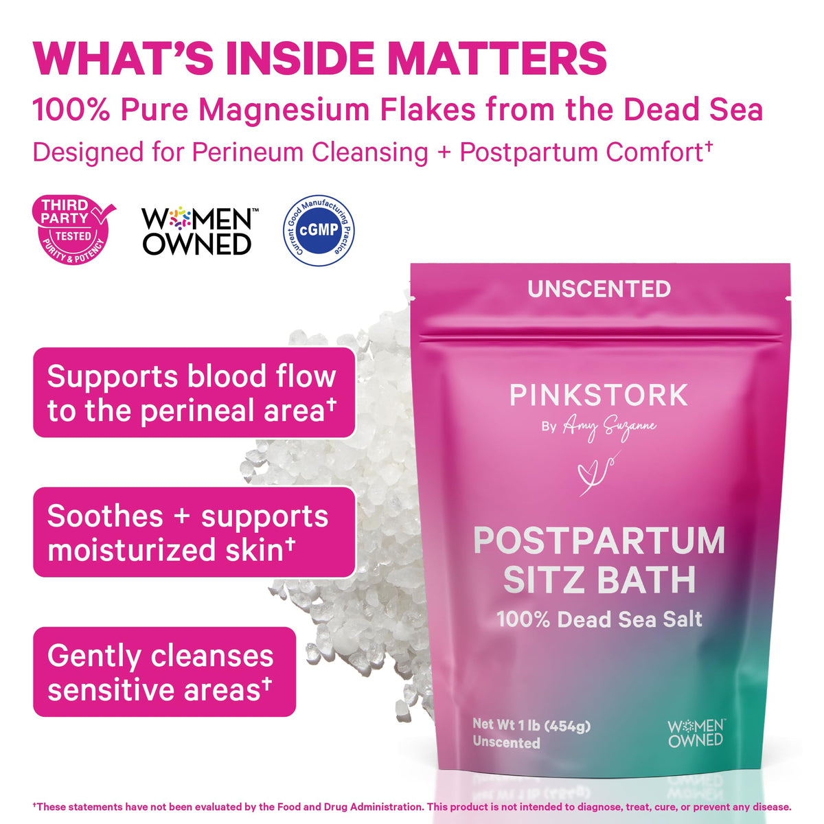 Pink Stork Postpartum Sitz Bath Soak label close-up emphasizes unscented formula for sensitive skin.
