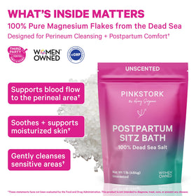 Pink Stork Postpartum Sitz Bath Soak label close-up emphasizes unscented formula for sensitive skin.