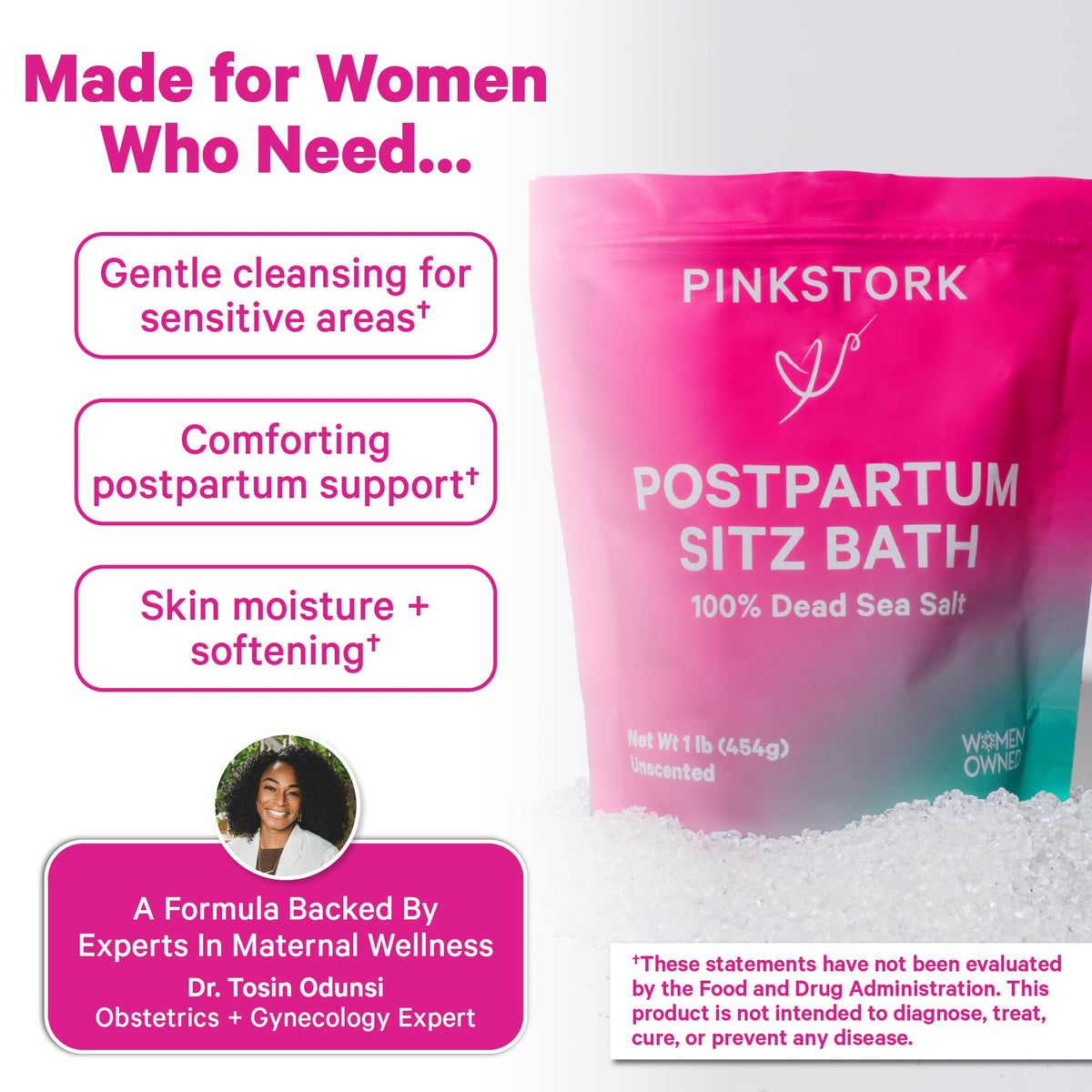 Pink Stork Postpartum Sitz Bath Soak magnesium flakes dissolving for soothing postnatal care.