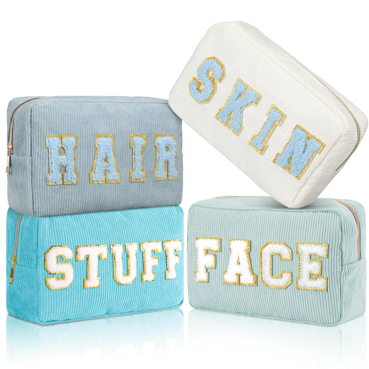 Pinkunn 4 Pcs preppy makeup bags with chenille patches for stylish organization.