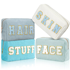 Pinkunn 4 Pcs preppy makeup bags with chenille patches for stylish organization.