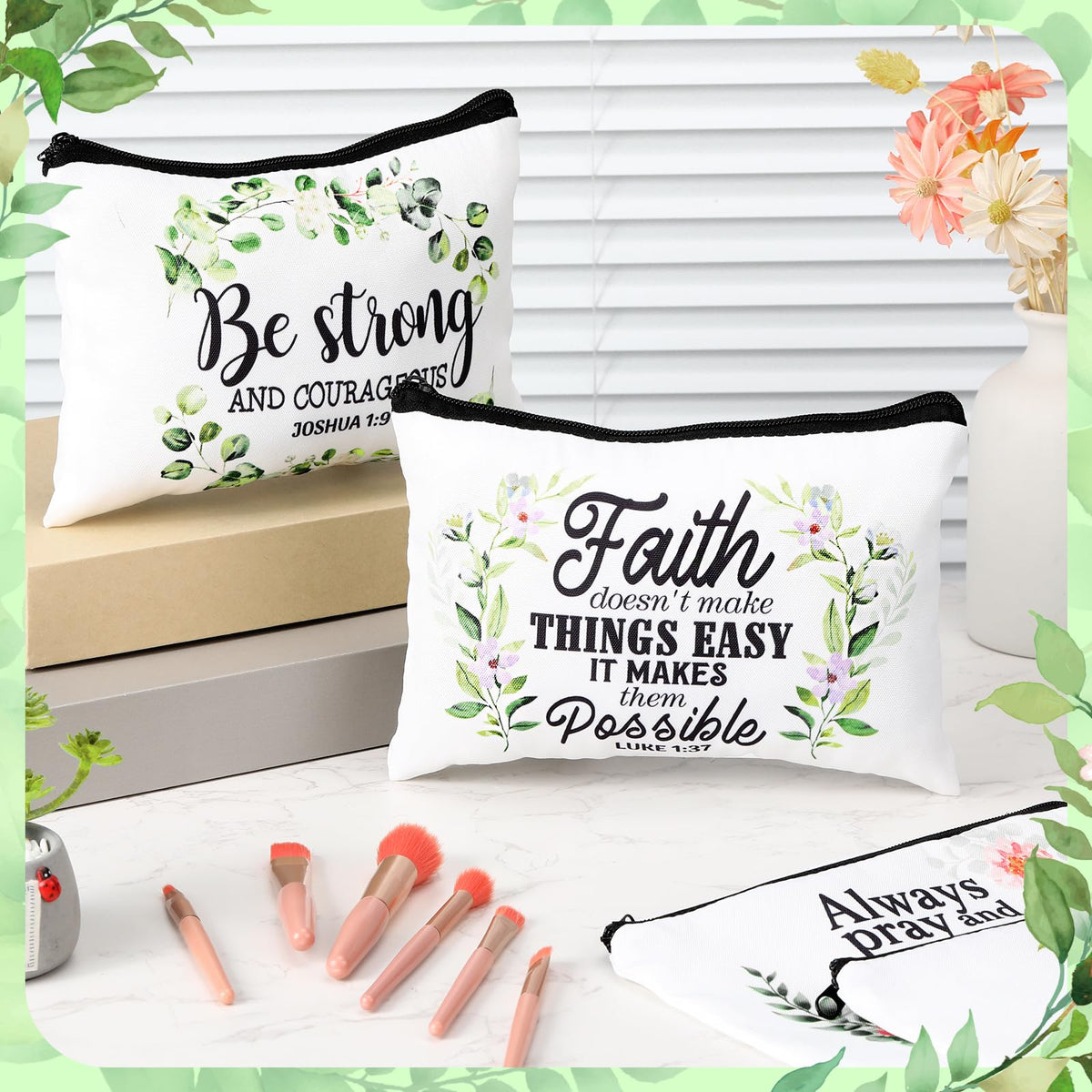 Pinkunn Bible Leaves compact-size canvas makeup bag ideal for travel.