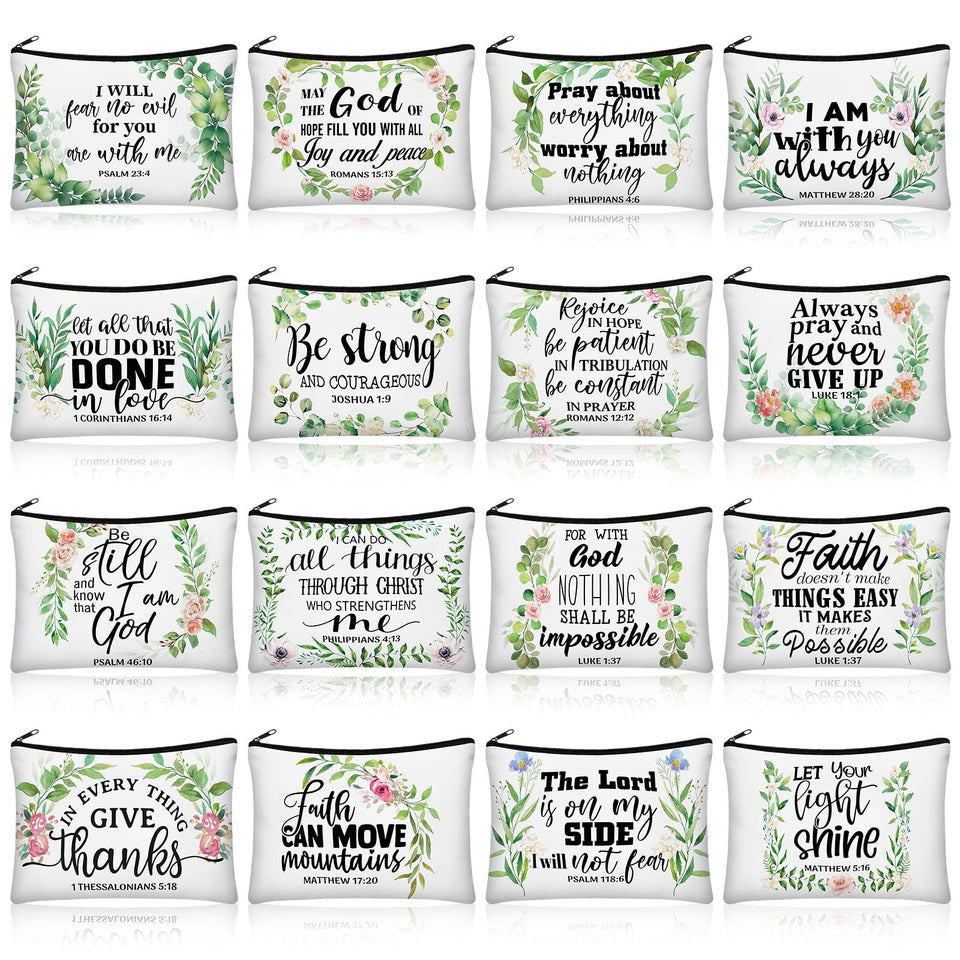 Pinkunn Bible Leaves canvas makeup bag with front design for daily organization.