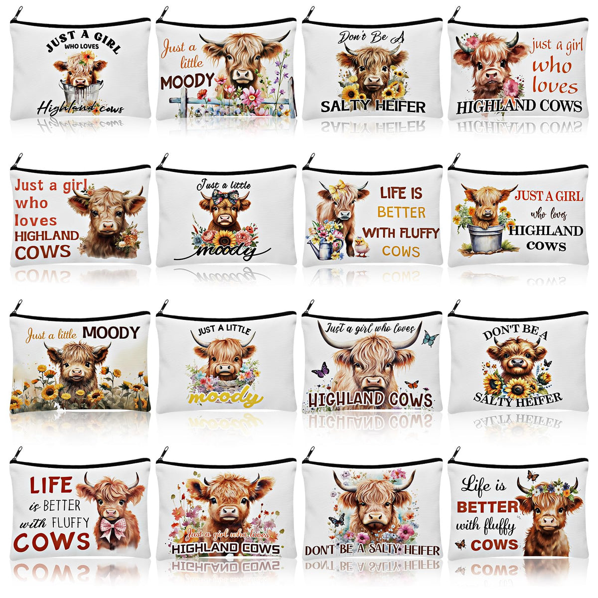Pinkunn Highland Cow canvas makeup bag with uplifting quote, ideal for travel organization.