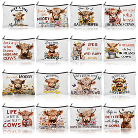Pinkunn Highland Cow canvas makeup bag with uplifting quote, ideal for travel organization.