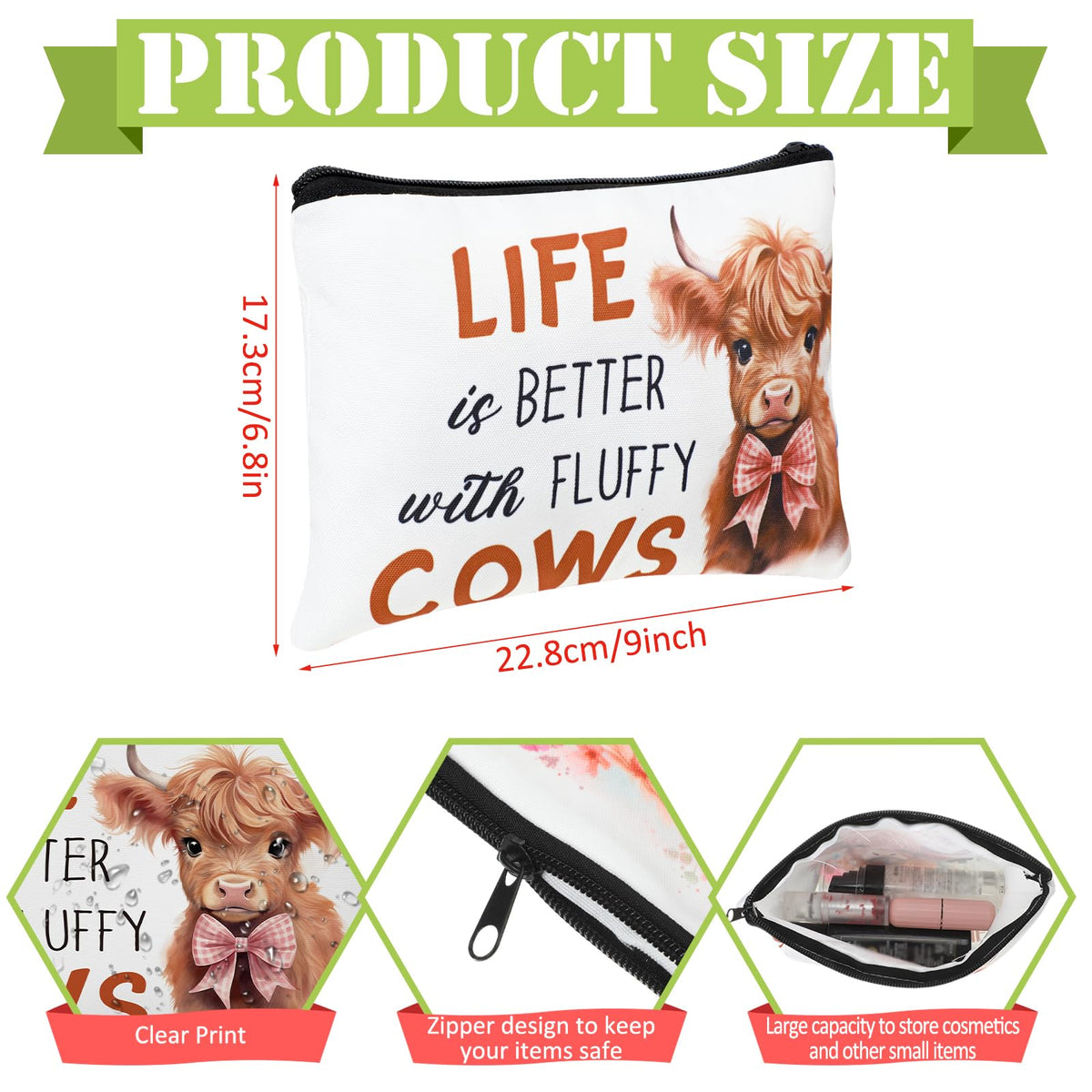 Pinkunn Highland Cow canvas pouch showcasing inspirational artwork for home or travel use.