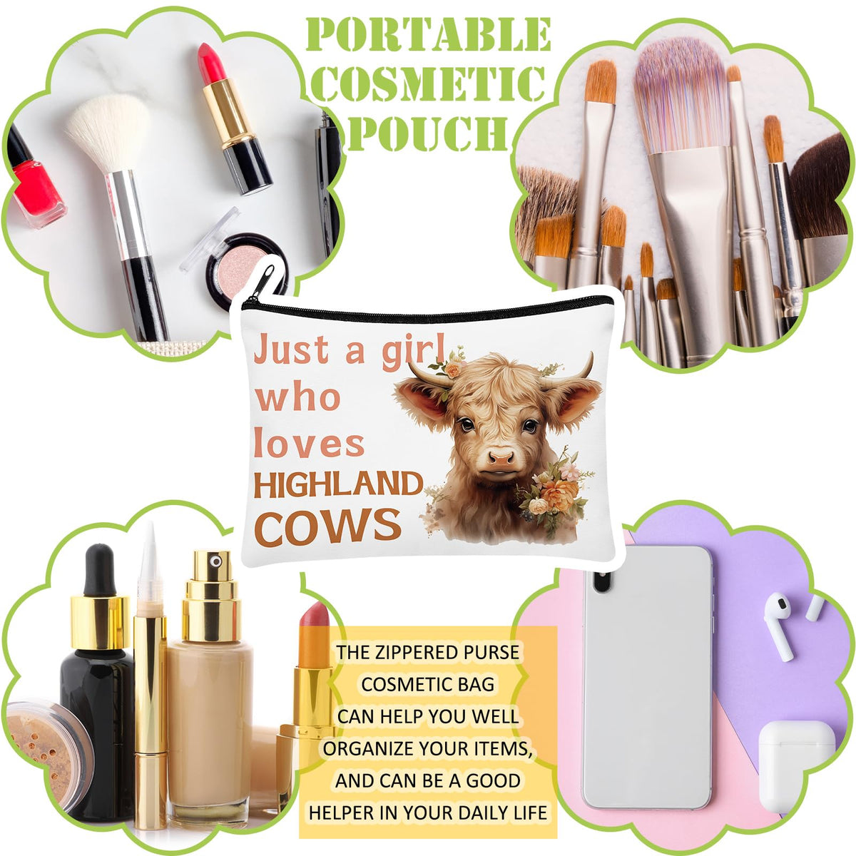 Pinkunn Highland Cow cosmetic bag, versatile for travel, work, and school supplies.