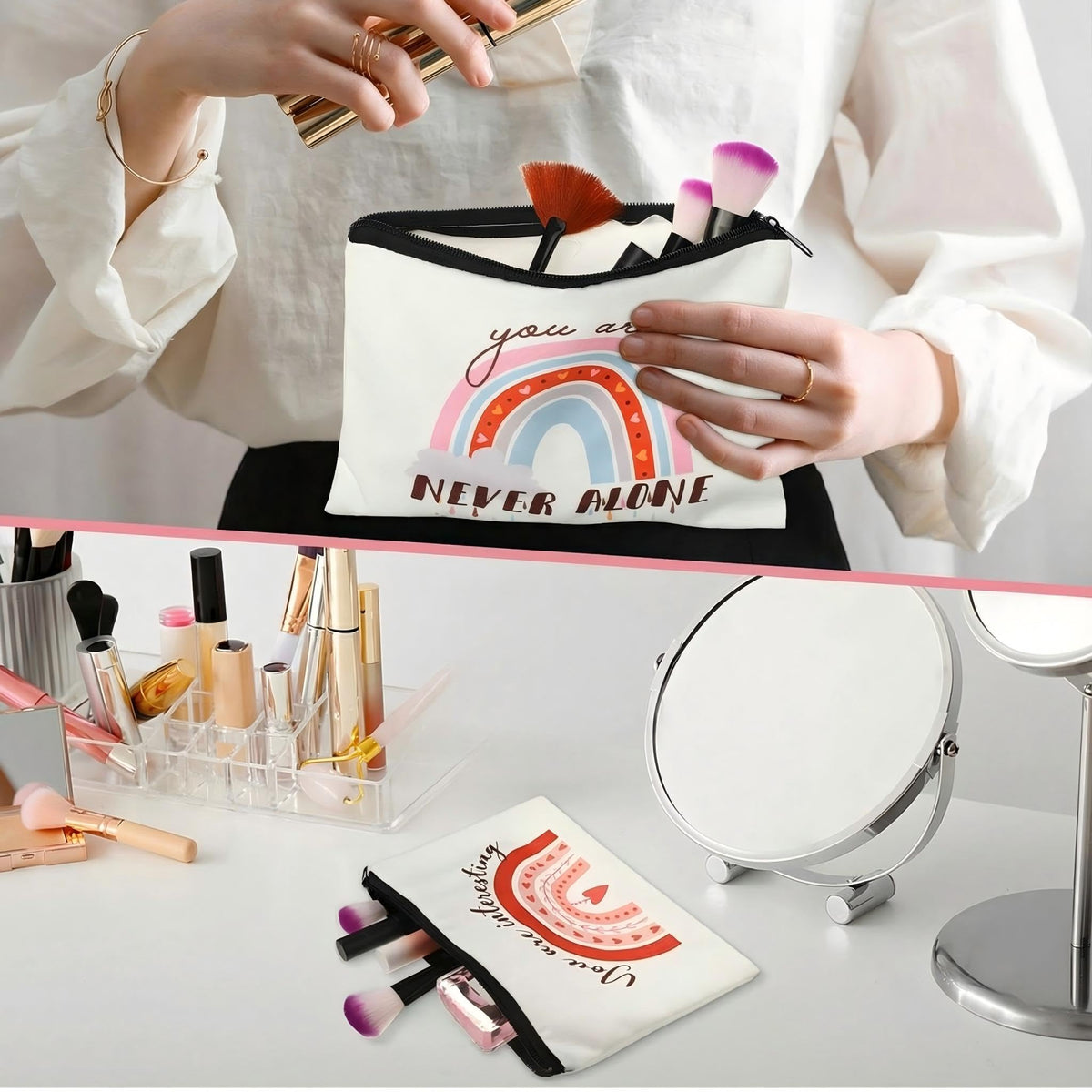 Pinkunn rainbow canvas makeup bag packaging, ready-to-gift presentation.