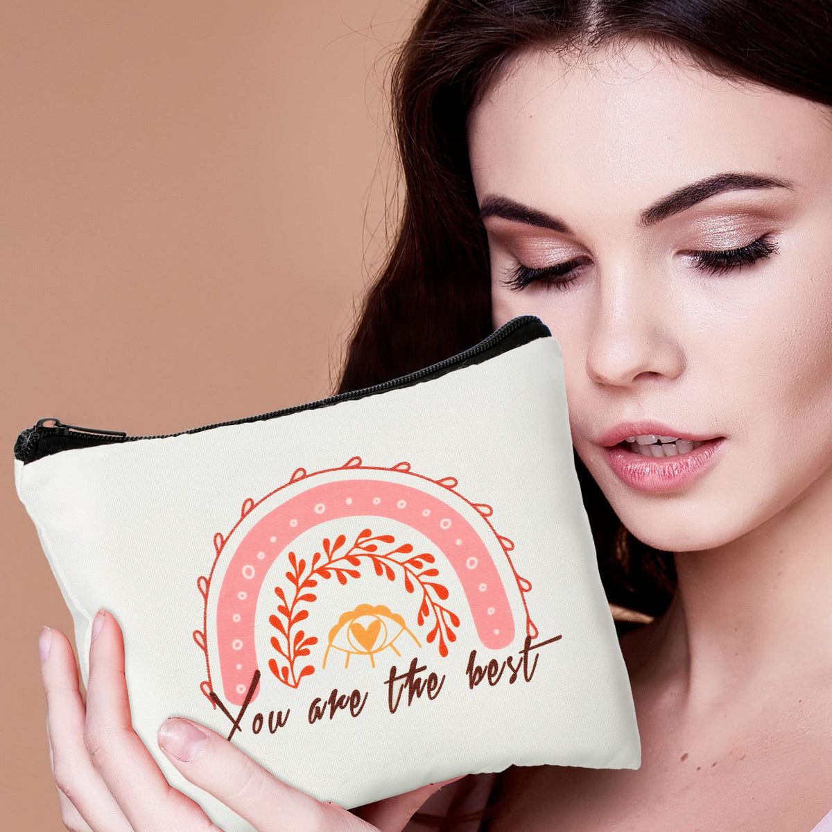 Pinkunn rainbow canvas makeup bag side pocket, organized storage for small items.