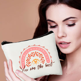 Pinkunn rainbow canvas makeup bag side pocket, organized storage for small items.