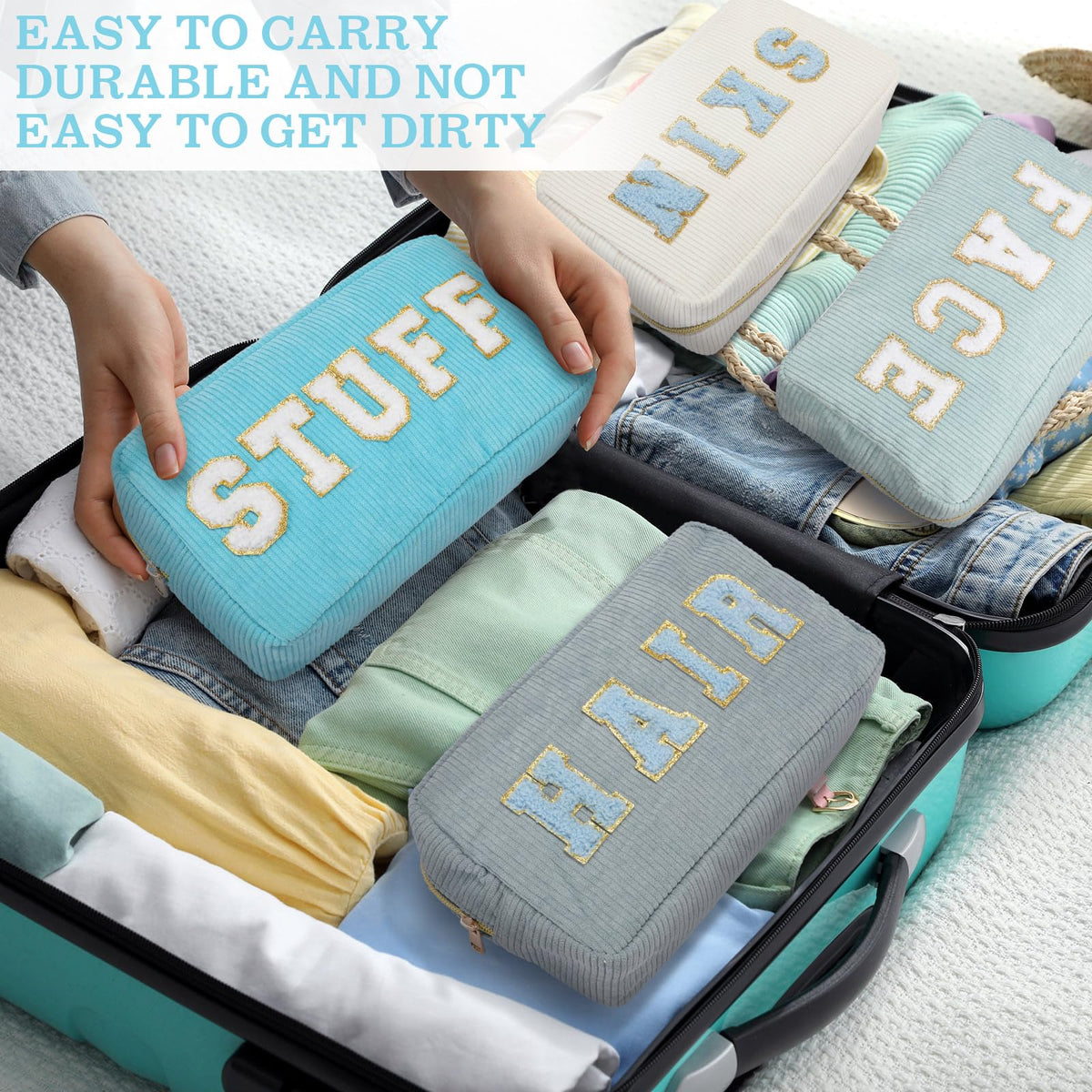 Pinkunn travel cosmetic pouches in blue series help keep cosmetics organized.
