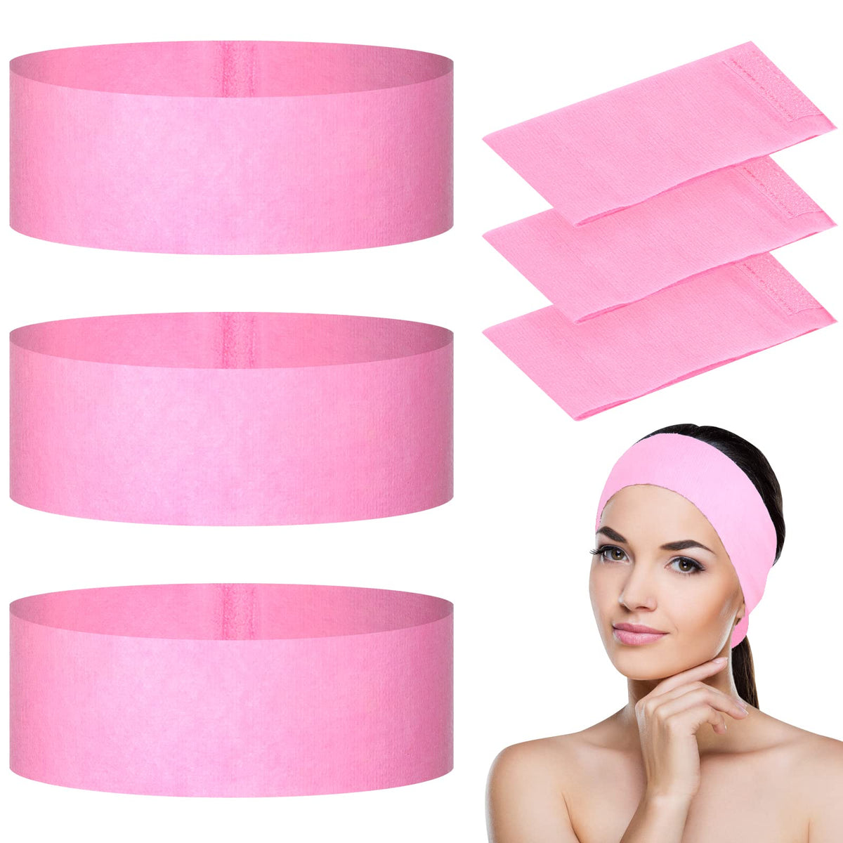 PinkXhy disposable spa facial headbands set in soft pink fabric for gentle skincare.