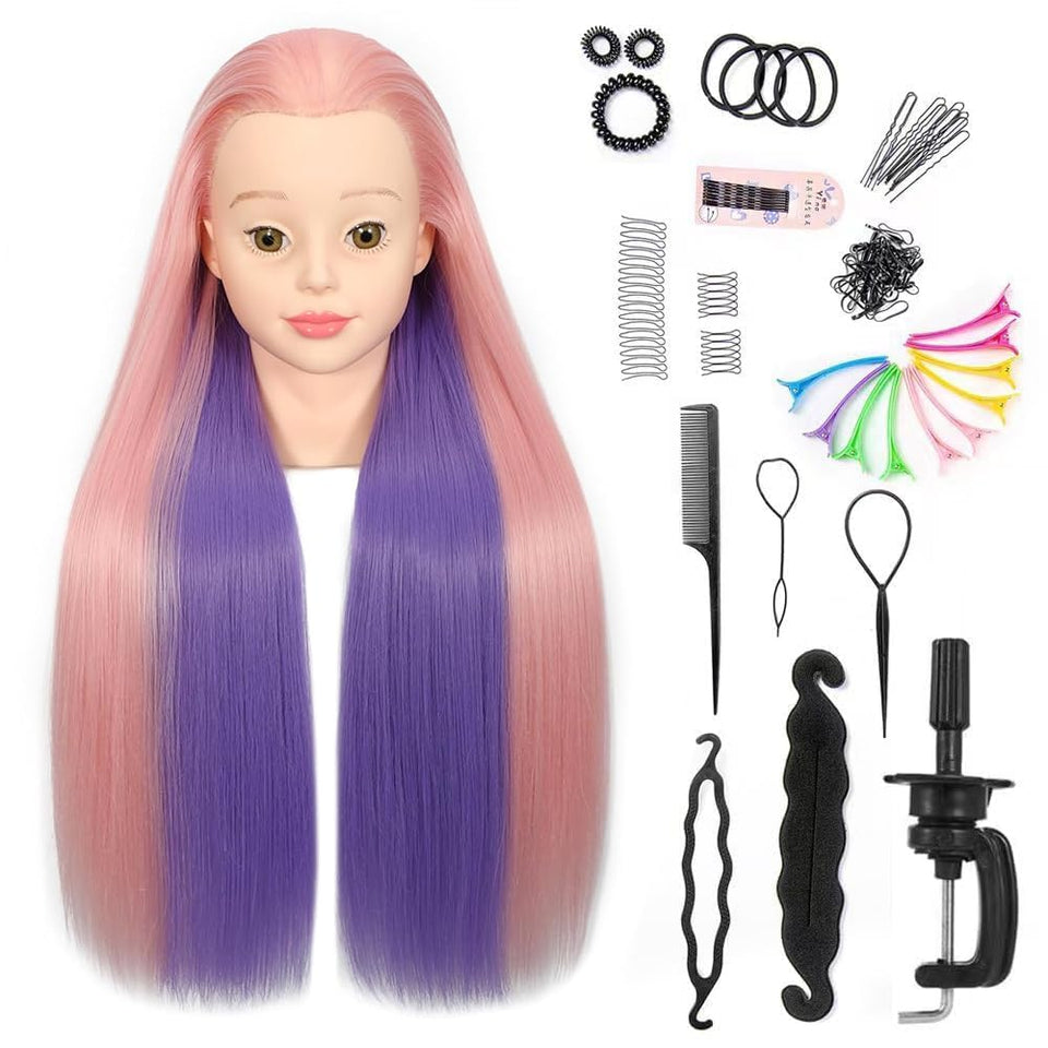 Pinzer mannequin head with purple-pink ombre hair for braiding practice