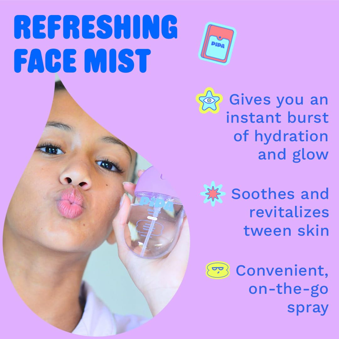 Pipa Glow Go mist-dispense, easy spritz for on-the-go skin refresh.