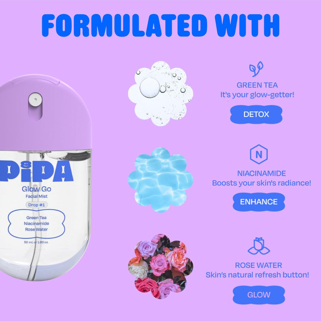 Pipa Glow Go rose-water-closeup, organic hydration and soothing scent.