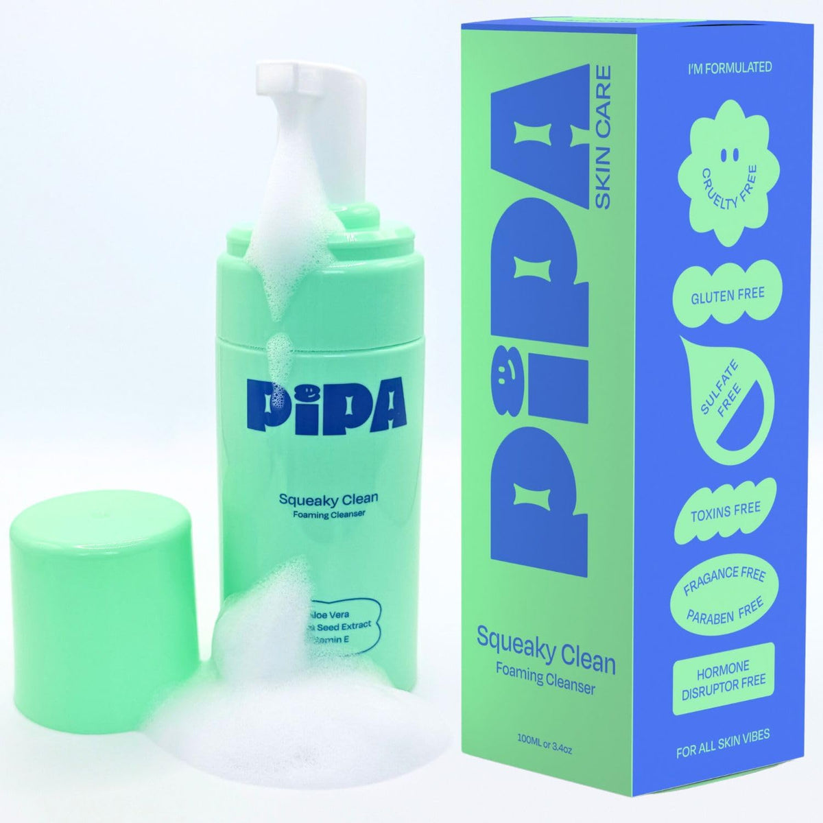 Pipa Skincare Squeaky Clean bottle cap close-up, fragrance-free and gentle for daily use
