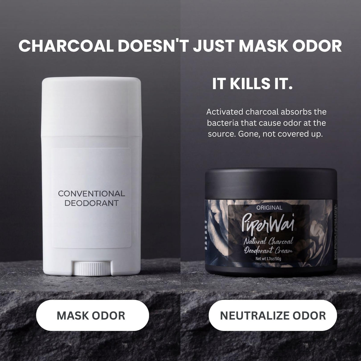 Activated charcoal absorbing moisture and neutralizing odors naturally.
