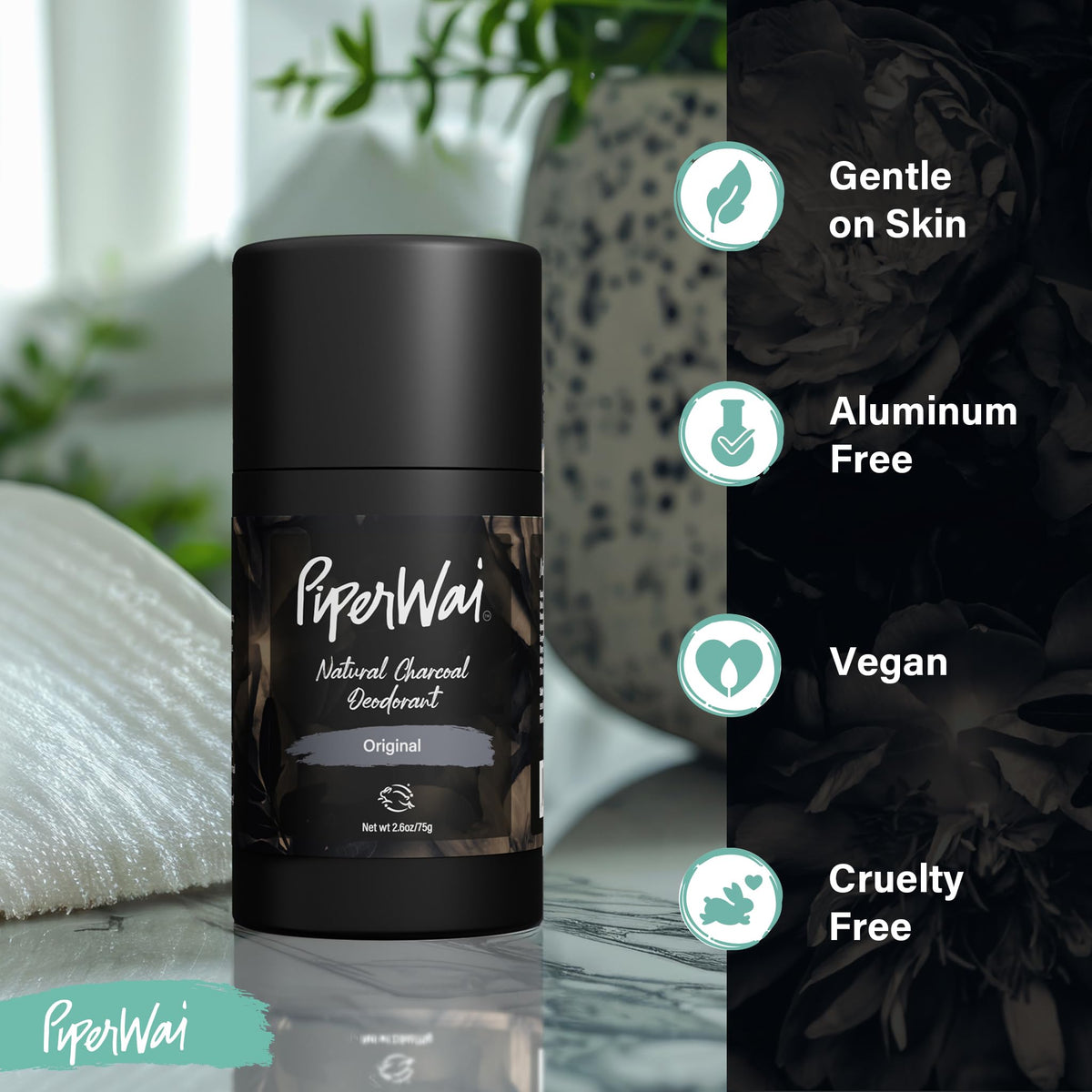 PiperWai Original Charcoal Deodorant stick open showing creamy texture
