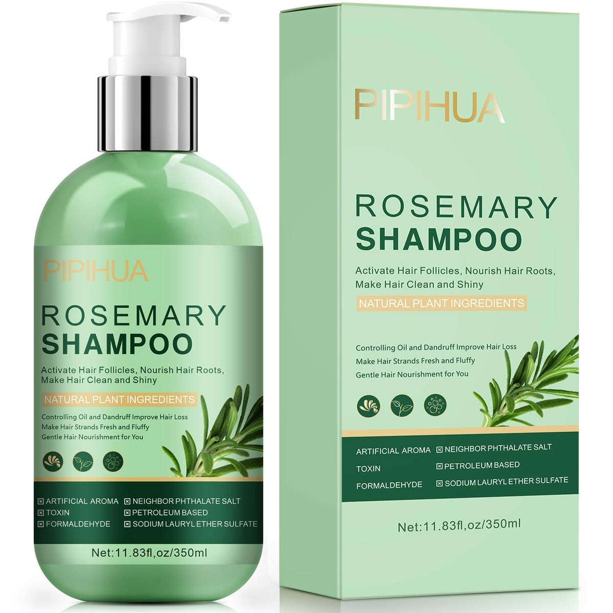 PIPIHUA rosemary shampoo bottle close-up highlighting natural ingredients for hair strengthening