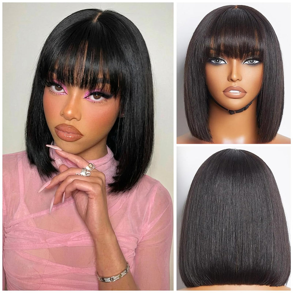 PISRY Bob Wig with Bangs front view shows natural hairline and seamless wear