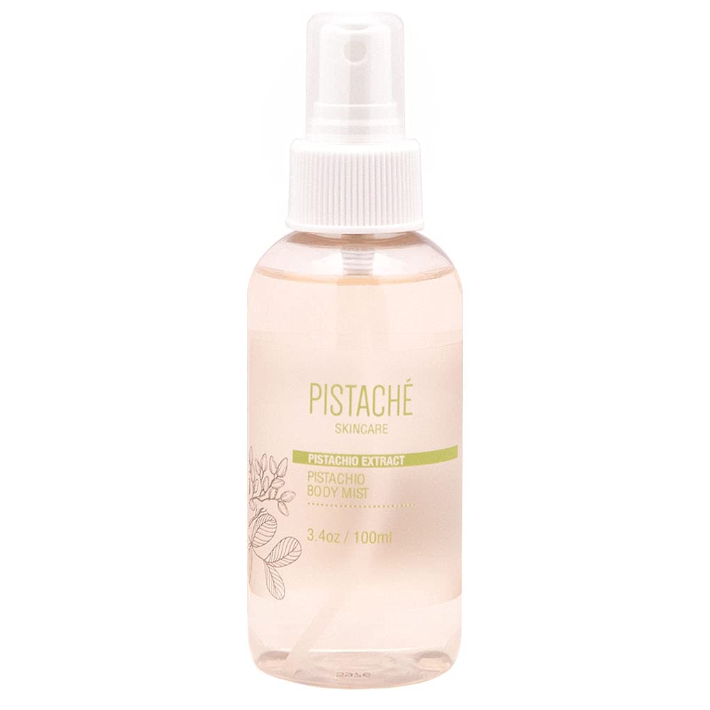 Pistache Skincare Pistachio Oil Body Mist bottle for portable hydration and fragrance.
