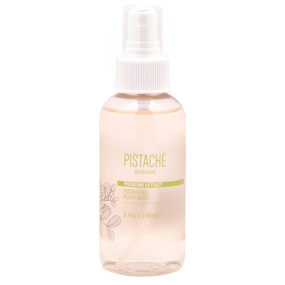 Pistache Skincare Pistachio Oil Body Mist bottle for portable hydration and fragrance.